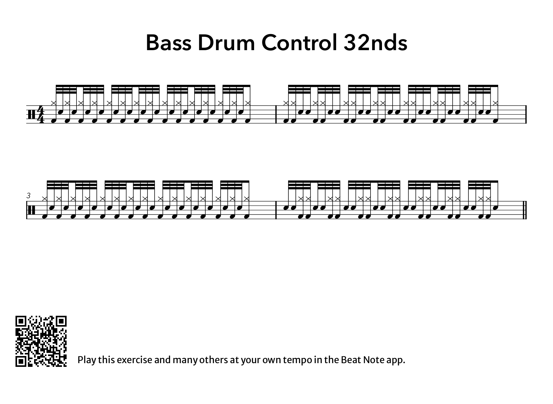 Bass Drum Control 32nds - Drum Notation