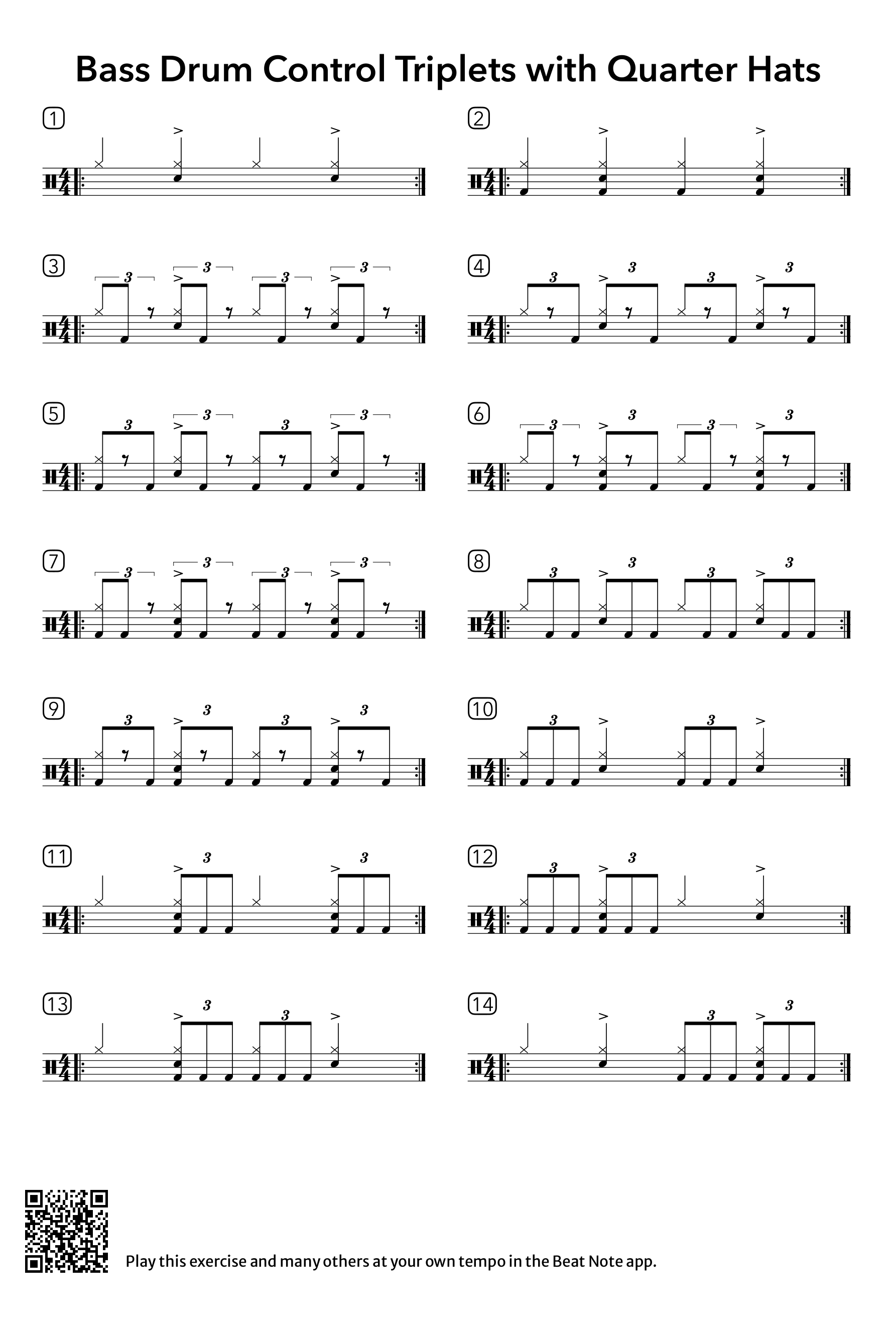 Bass Drum Control Triplets with Quarter Hats - Drum Notation